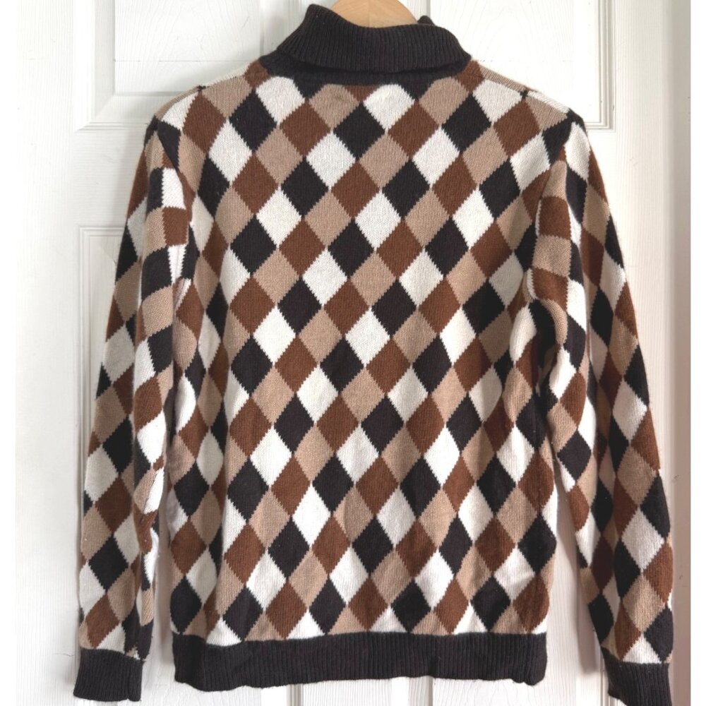 size L womens Vintage Neiman Marcus cashmere sweater brown argyle turtleneck‎